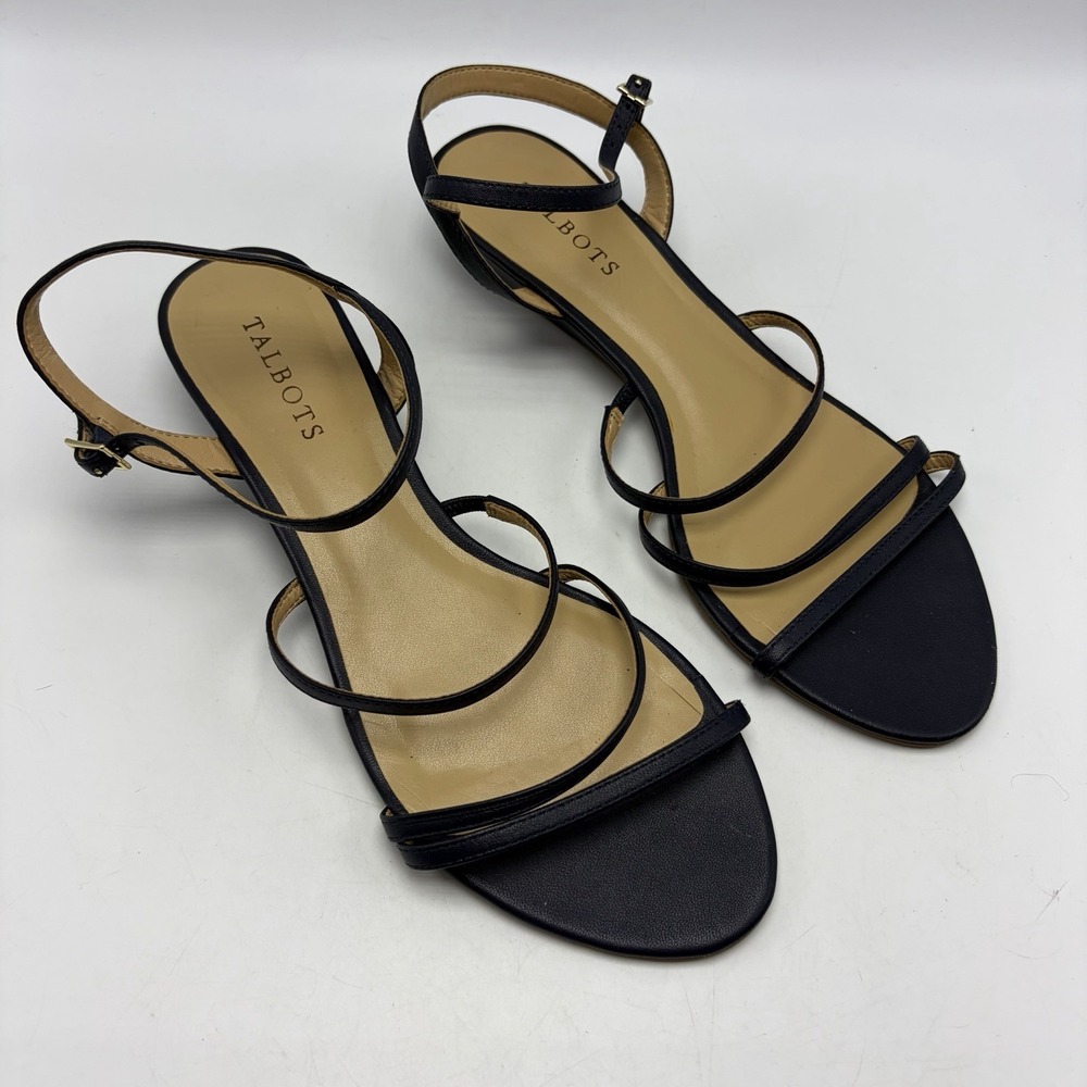 Talbots Capri Sandals 9.5 M Blue Leather Strappy Mini Wedge Minimalist Capsule